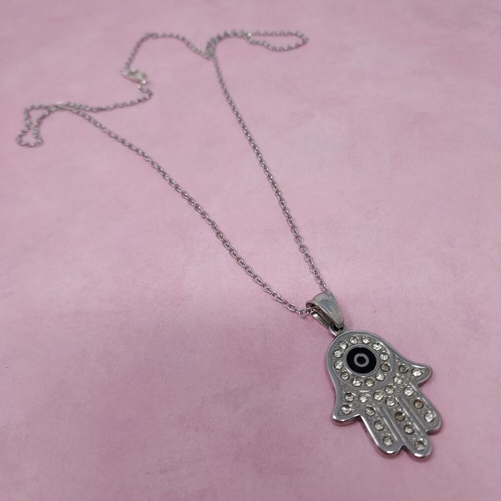 Hamsa Pendant Necklace Silver Tone Rhinestones 28"